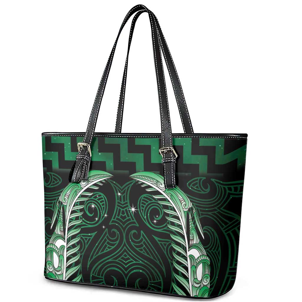 Green Matariki New Zealand Leather Tote Bag Maori Poutama Galaxy Vibes