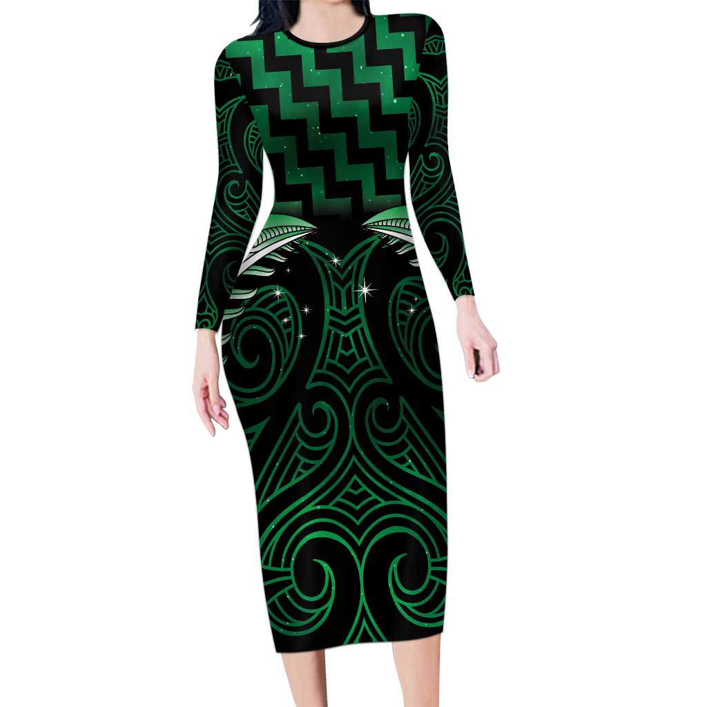Green Matariki New Zealand Long Sleeve Bodycon Dress Maori Poutama Galaxy Vibes