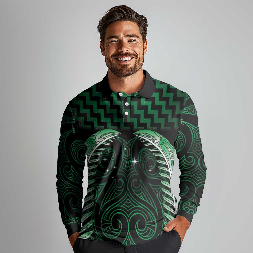 Green Matariki New Zealand Long Sleeve Polo Shirt Maori Poutama Galaxy Vibes