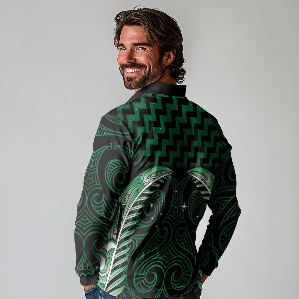 Green Matariki New Zealand Long Sleeve Polo Shirt Maori Poutama Galaxy Vibes