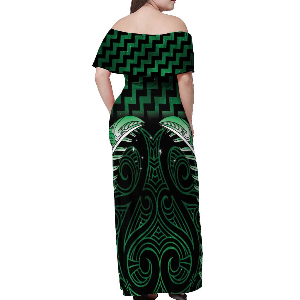 Green Matariki New Zealand Off Shoulder Maxi Dress Maori Poutama Galaxy Vibes