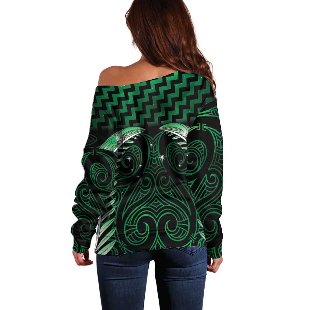 Green Matariki New Zealand Off Shoulder Sweater Maori Poutama Galaxy Vibes