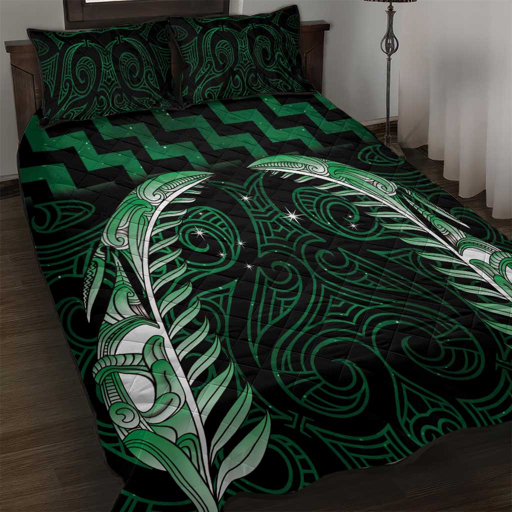 Green Matariki New Zealand Quilt Bed Set Maori Poutama Galaxy Vibes