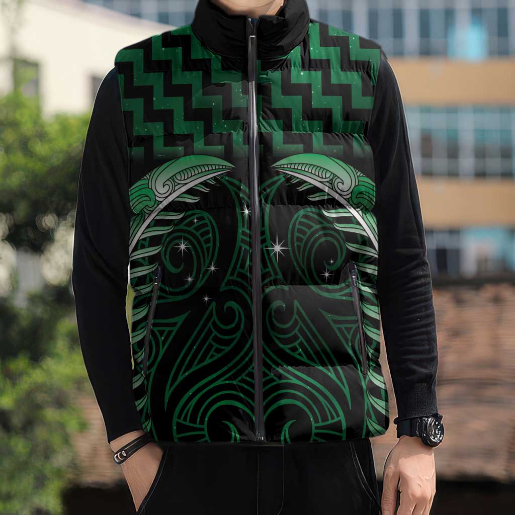 Green Matariki New Zealand Sleeveless Puffer Jacket Maori Poutama Galaxy Vibes - Polynesian Pride