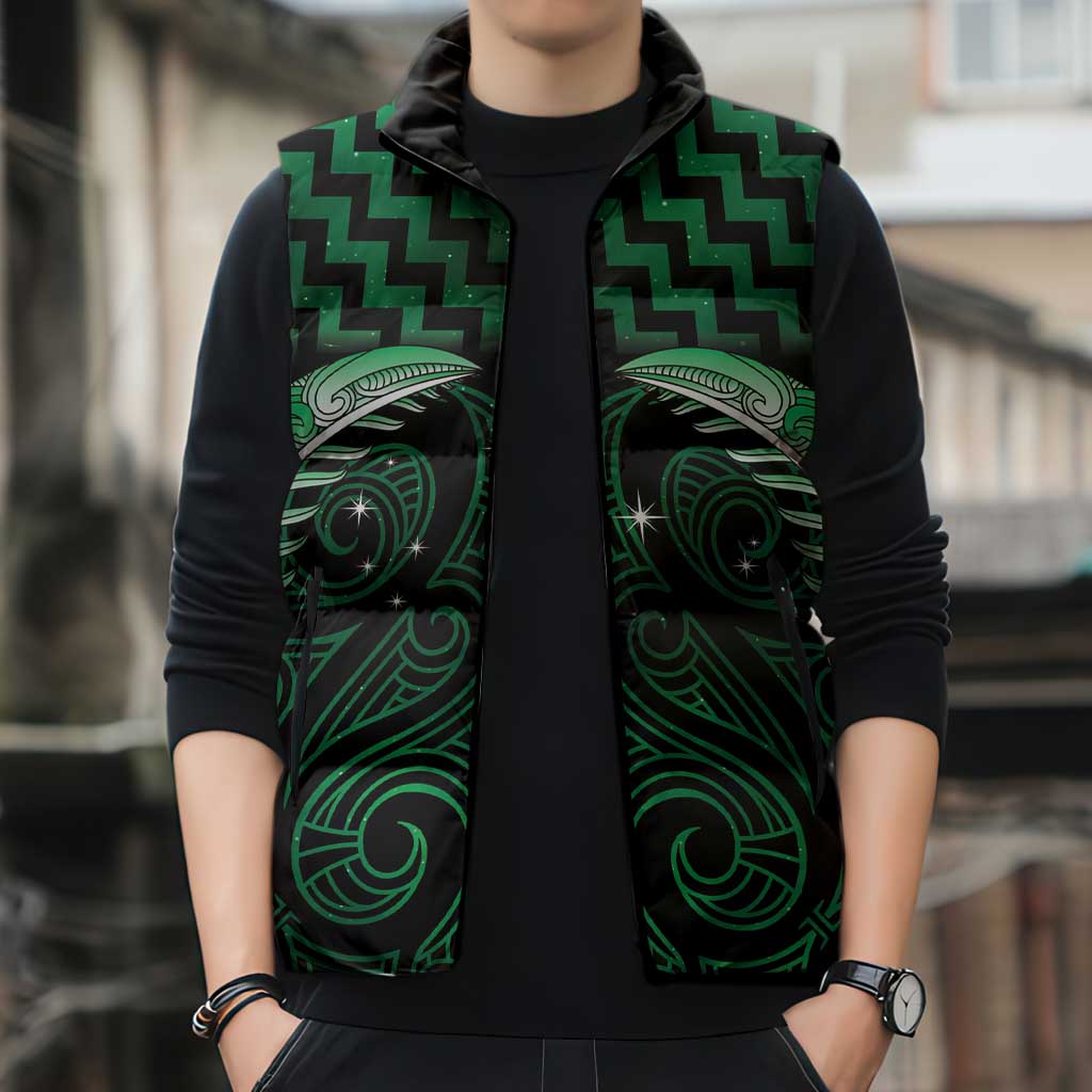 Green Matariki New Zealand Sleeveless Puffer Jacket Maori Poutama Galaxy Vibes - Polynesian Pride