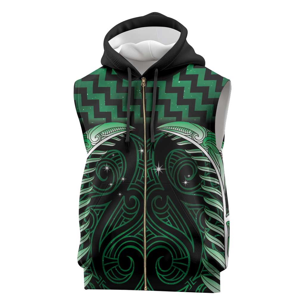 Green Matariki New Zealand Sleeveless Zip Hoodie Maori Poutama Galaxy Vibes - Polynesian Pride