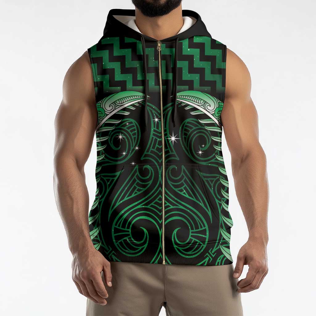 Green Matariki New Zealand Sleeveless Zip Hoodie Maori Poutama Galaxy Vibes - Polynesian Pride