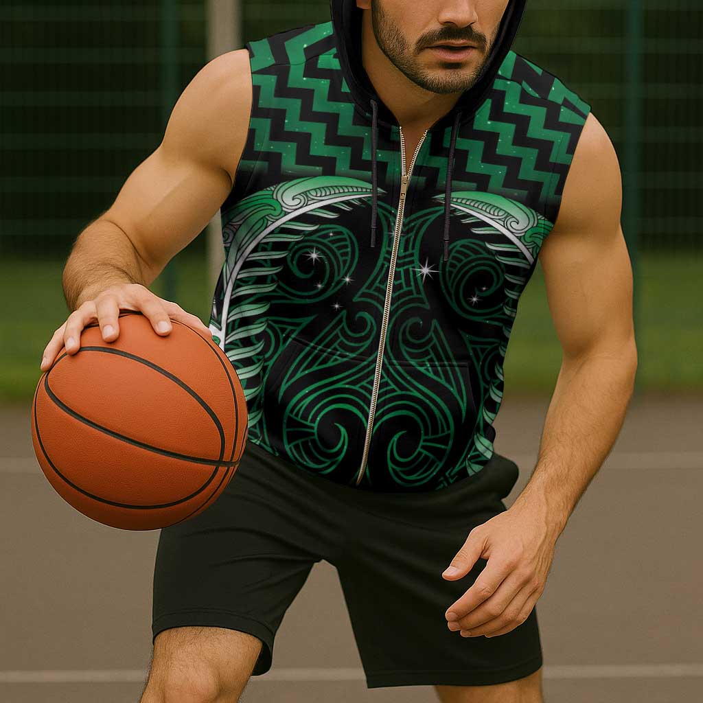 Green Matariki New Zealand Sleeveless Zip Hoodie Maori Poutama Galaxy Vibes - Polynesian Pride