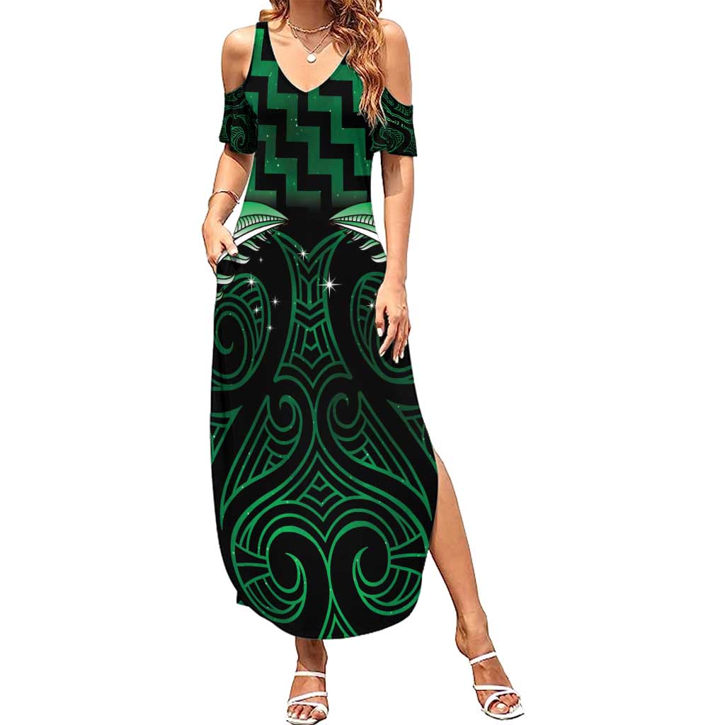 Green Matariki New Zealand Summer Maxi Dress Maori Poutama Galaxy Vibes