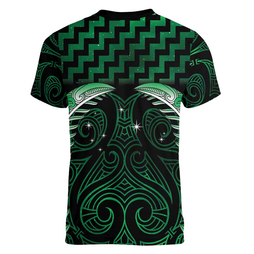 Green Matariki New Zealand Women V-Neck T-Shirt Maori Poutama Galaxy Vibes
