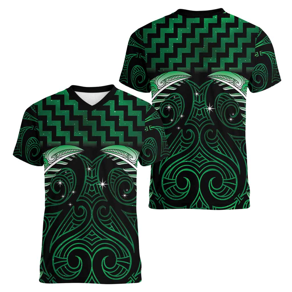 Green Matariki New Zealand Women V-Neck T-Shirt Maori Poutama Galaxy Vibes