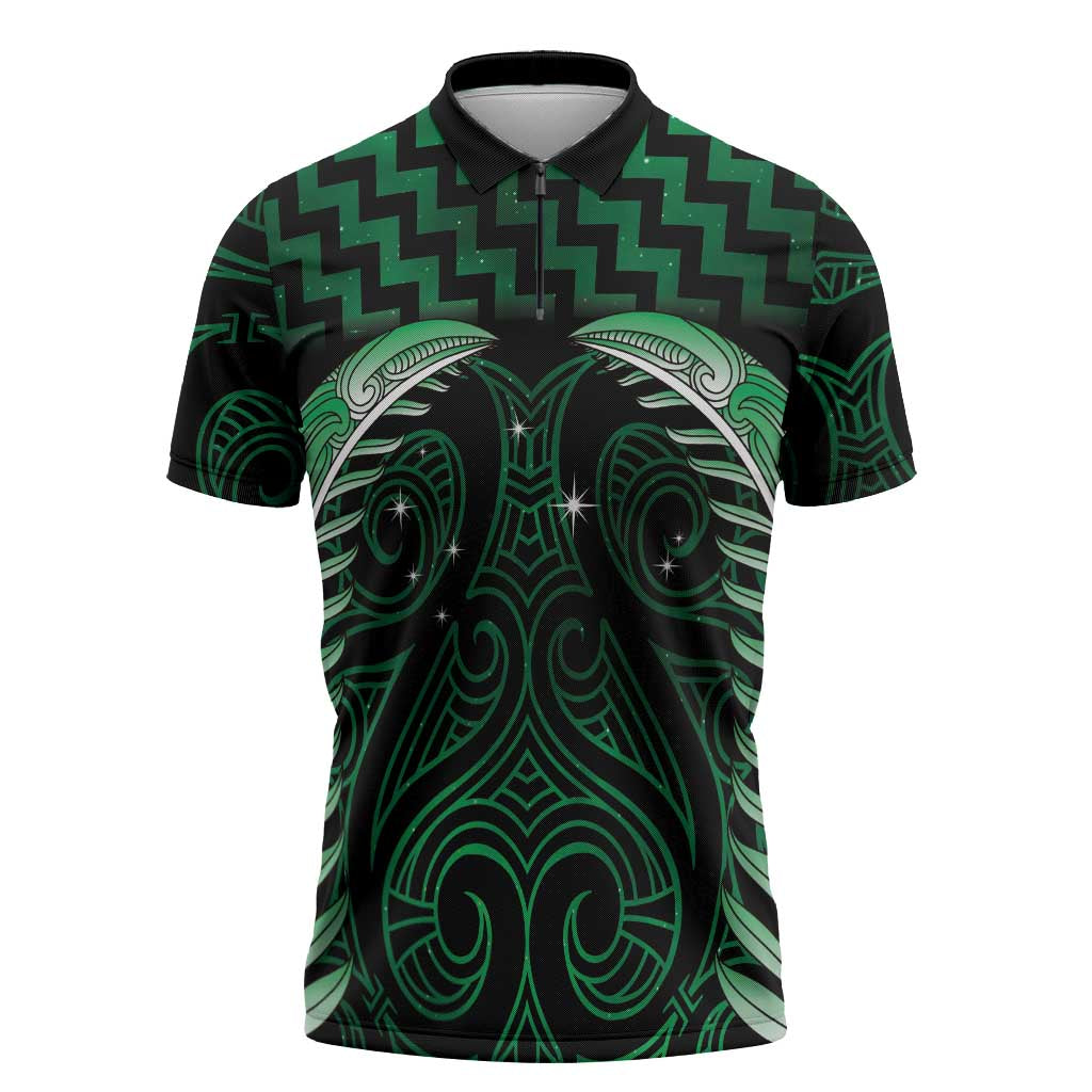 Green Matariki New Zealand Zipper Polo Shirt Maori Poutama Galaxy Vibes - Polynesian Pride