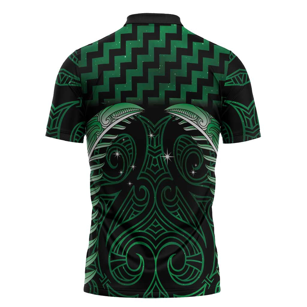 Green Matariki New Zealand Zipper Polo Shirt Maori Poutama Galaxy Vibes - Polynesian Pride