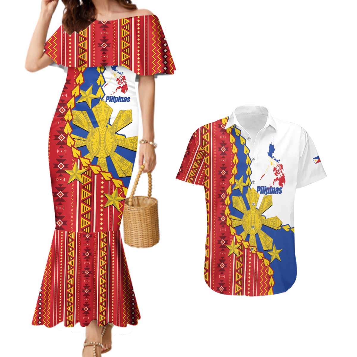 Philippines Independence Day Couples Matching Mermaid Dress and Hawaiian Shirt Pilipinas Sun Stars Igorot Pattern