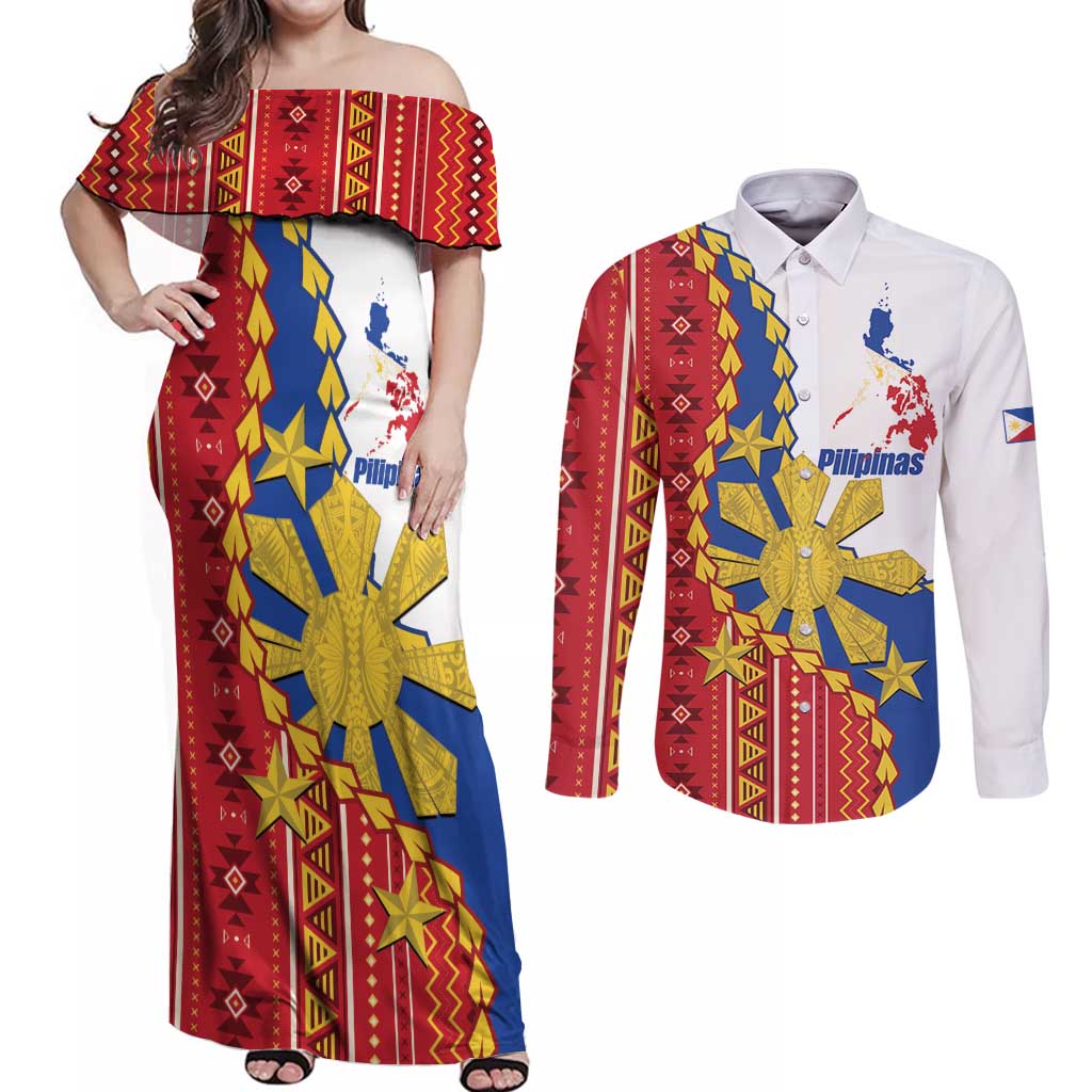 Philippines Independence Day Couples Matching Off Shoulder Maxi Dress and Long Sleeve Button Shirt Pilipinas Sun Stars Igorot Pattern