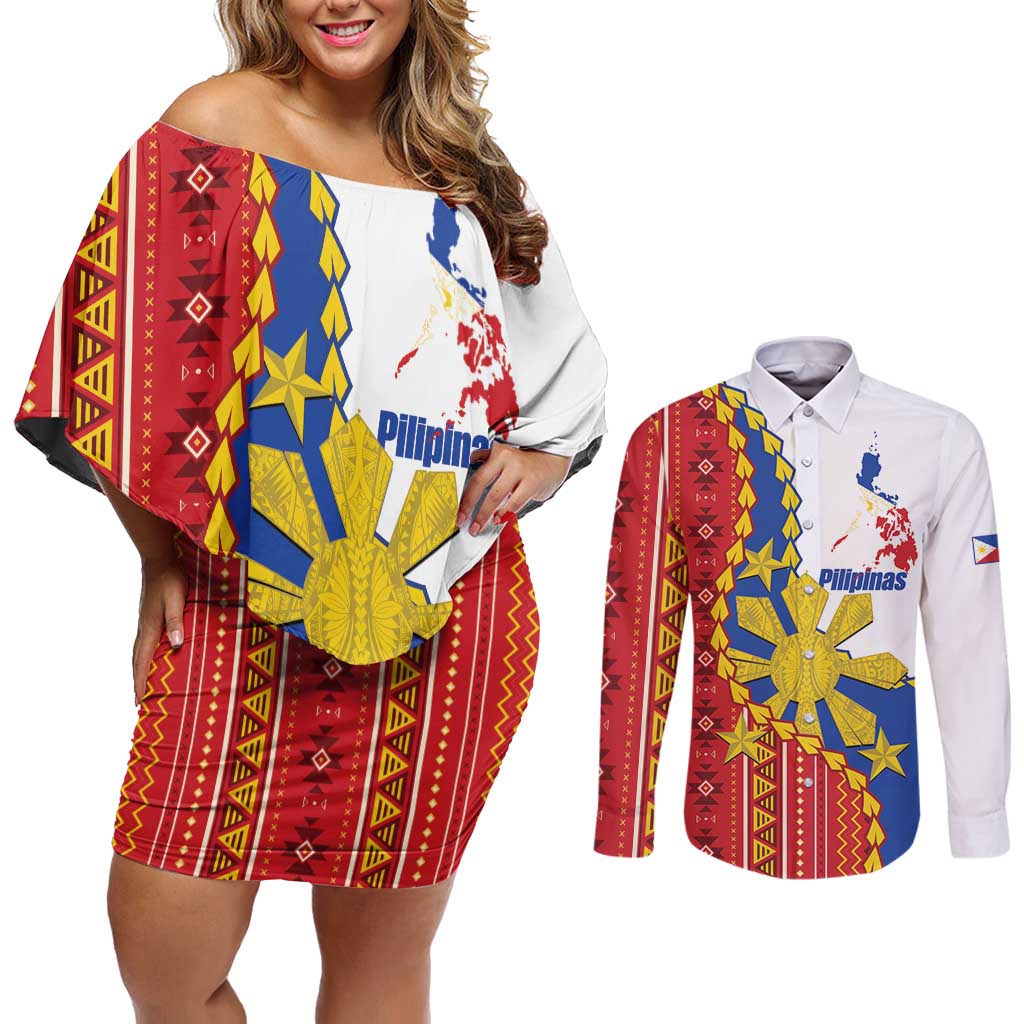 Philippines Independence Day Couples Matching Off Shoulder Short Dress and Long Sleeve Button Shirt Pilipinas Sun Stars Igorot Pattern