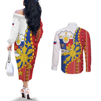 Philippines Independence Day Couples Matching Off The Shoulder Long Sleeve Dress and Long Sleeve Button Shirt Pilipinas Sun Stars Igorot Pattern