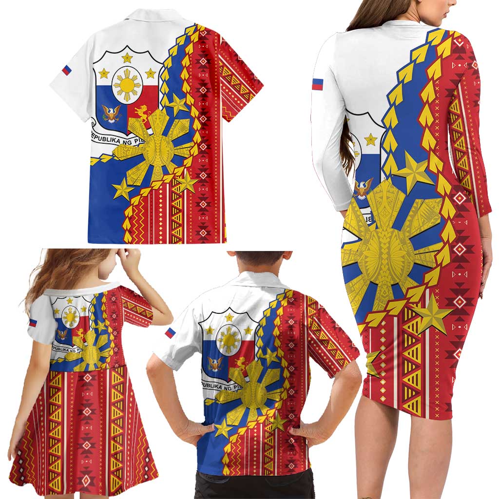 Philippines Independence Day Family Matching Long Sleeve Bodycon Dress and Hawaiian Shirt Pilipinas Sun Stars Igorot Pattern