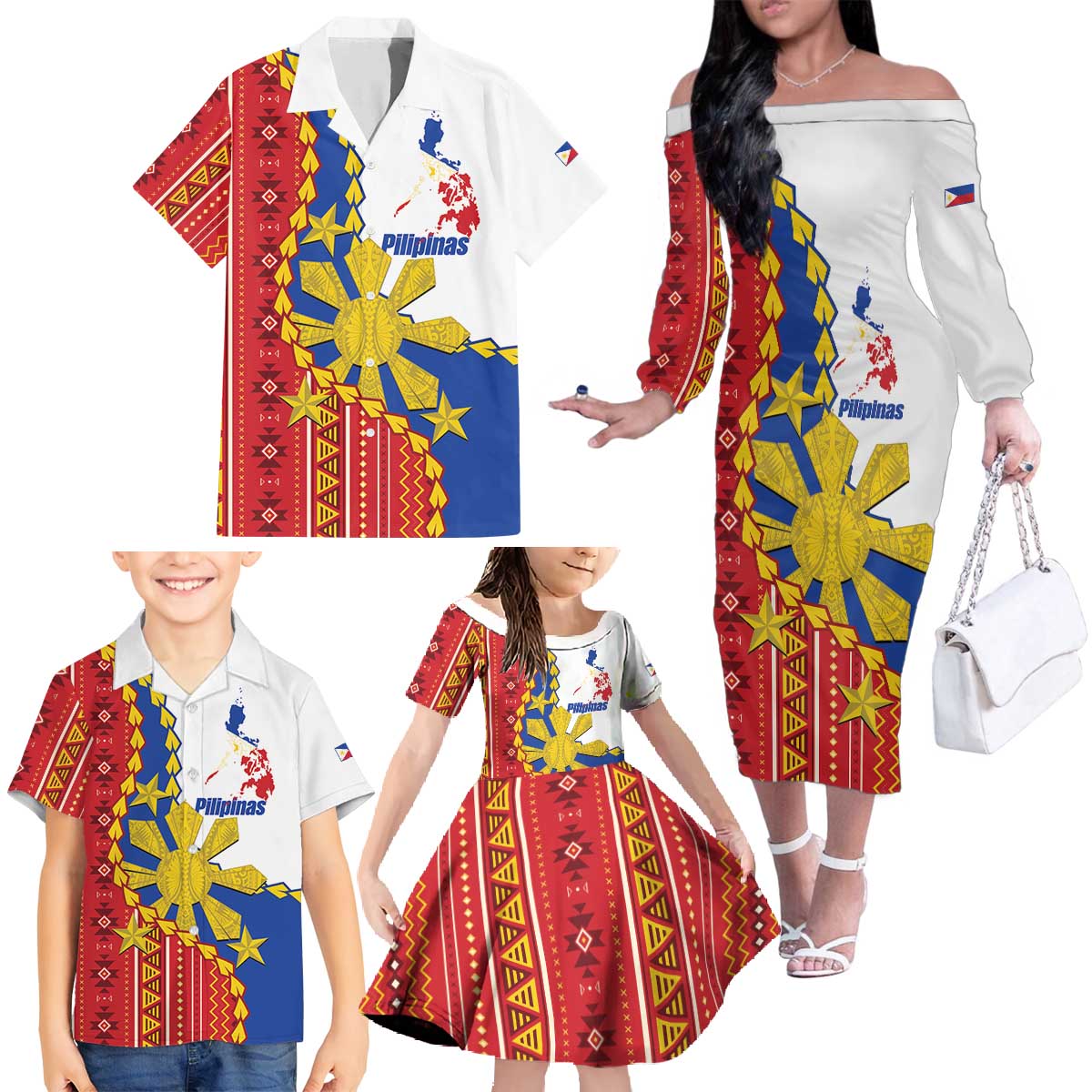 Philippines Independence Day Family Matching Off The Shoulder Long Sleeve Dress and Hawaiian Shirt Pilipinas Sun Stars Igorot Pattern