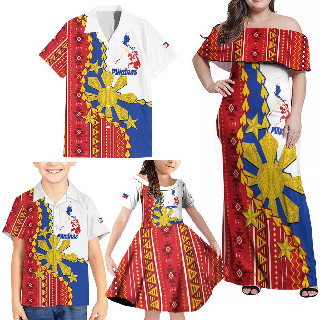 Philippines Independence Day Family Matching Off Shoulder Maxi Dress and Hawaiian Shirt Pilipinas Sun Stars Igorot Pattern