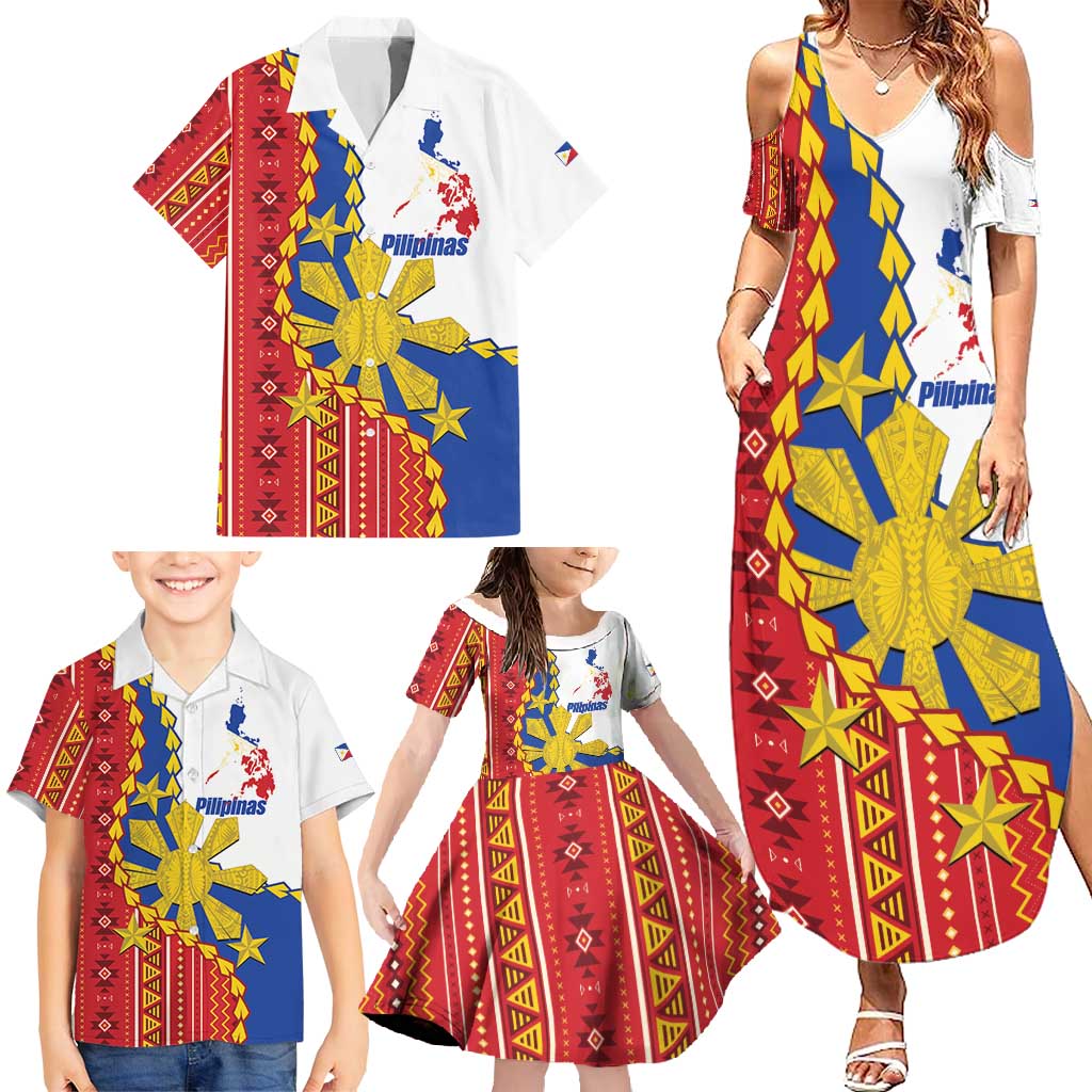 Philippines Independence Day Family Matching Summer Maxi Dress and Hawaiian Shirt Pilipinas Sun Stars Igorot Pattern