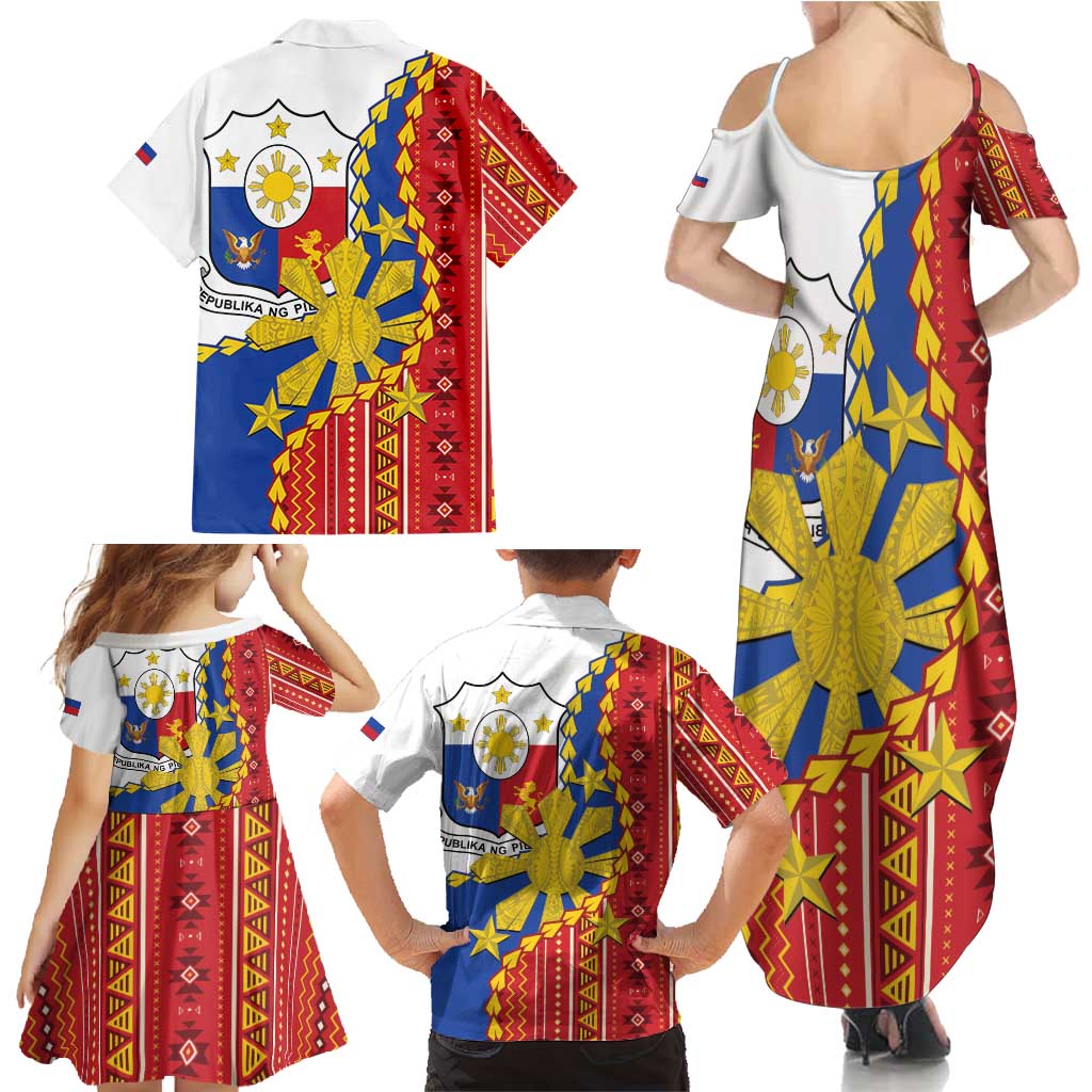 Philippines Independence Day Family Matching Summer Maxi Dress and Hawaiian Shirt Pilipinas Sun Stars Igorot Pattern