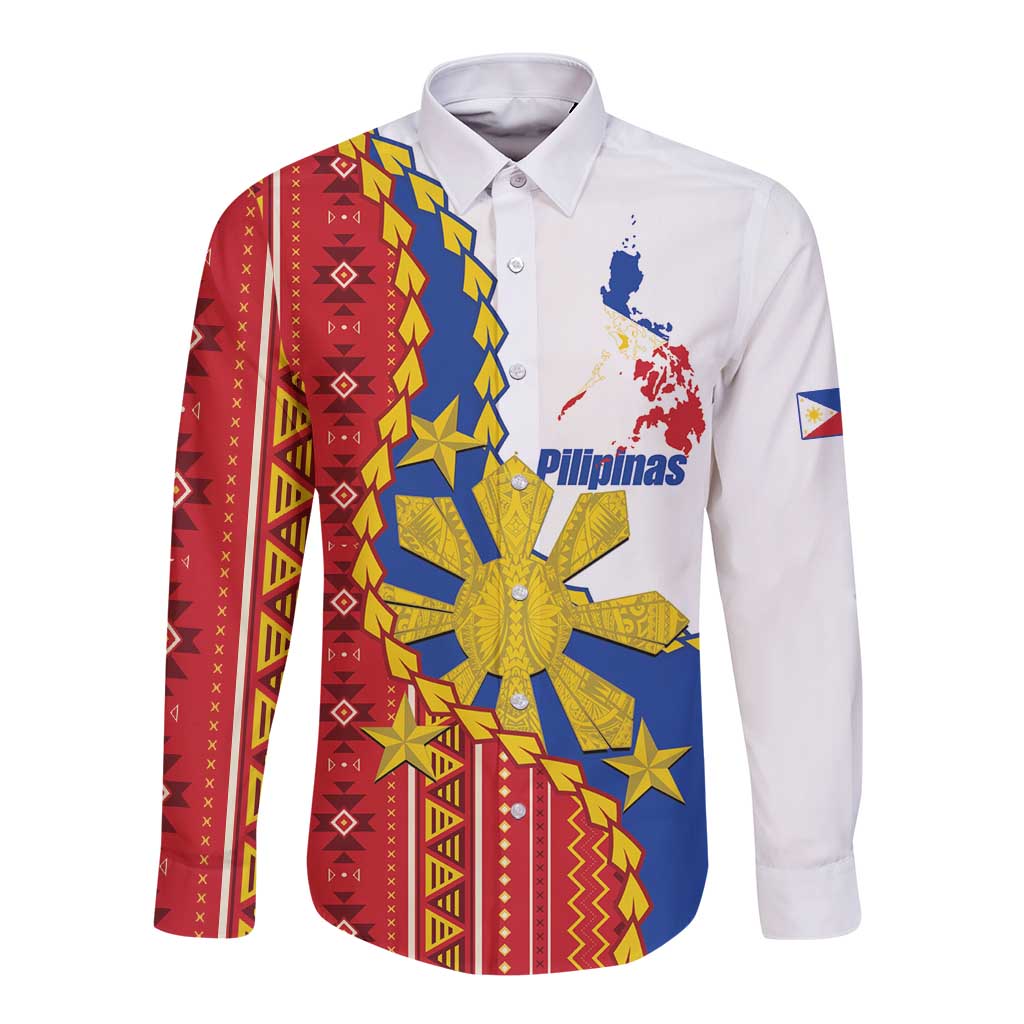 Philippines Independence Day Long Sleeve Button Shirt Pilipinas Sun Stars Igorot Pattern