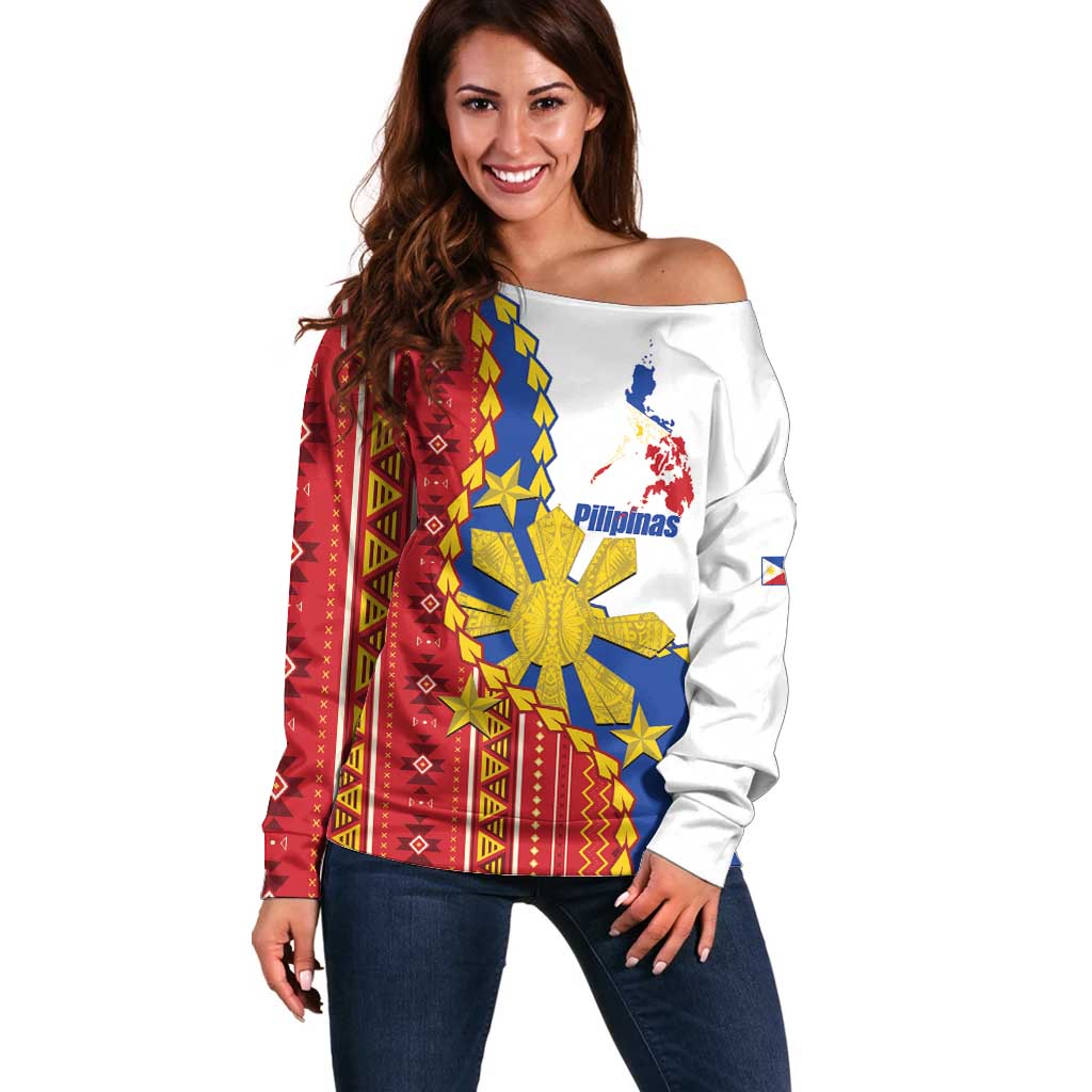 Philippines Independence Day Off Shoulder Sweater Pilipinas Sun Stars Igorot Pattern