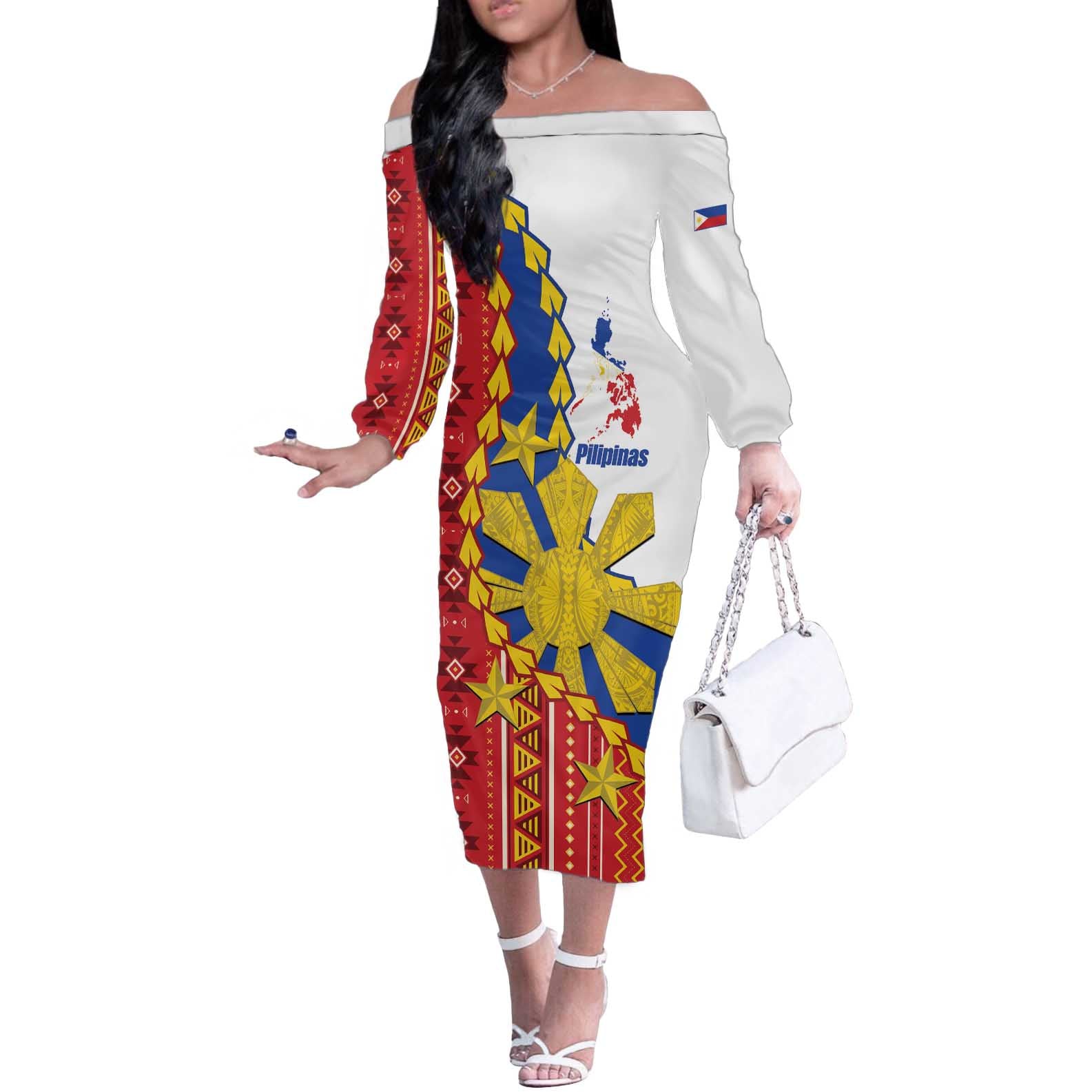 Philippines Independence Day Off The Shoulder Long Sleeve Dress Pilipinas Sun Stars Igorot Pattern