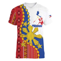 Philippines Independence Day Women V-Neck T-Shirt Pilipinas Sun Stars Igorot Pattern