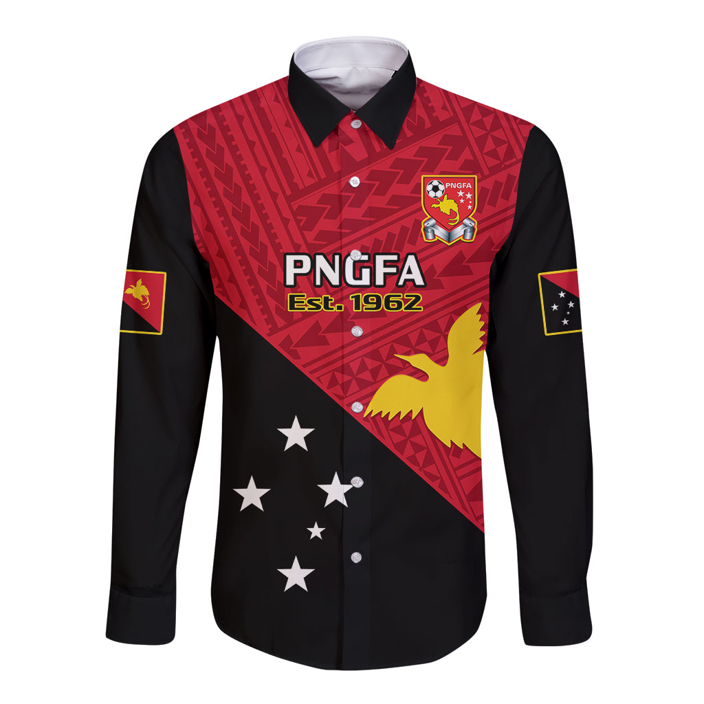 Personalised Papua New Guinea Football Long Sleeve Button Shirt Go PNG Polynesian Pattern Sporty Style LT14 Unisex Red - Polynesian Pride