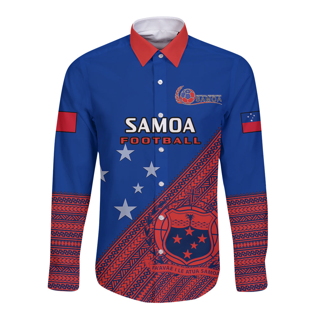 Samoa Football Long Sleeve Button Shirt Samoan Coat Of Arm Polynesian Sporty Style LT14 Unisex Blue - Polynesian Pride