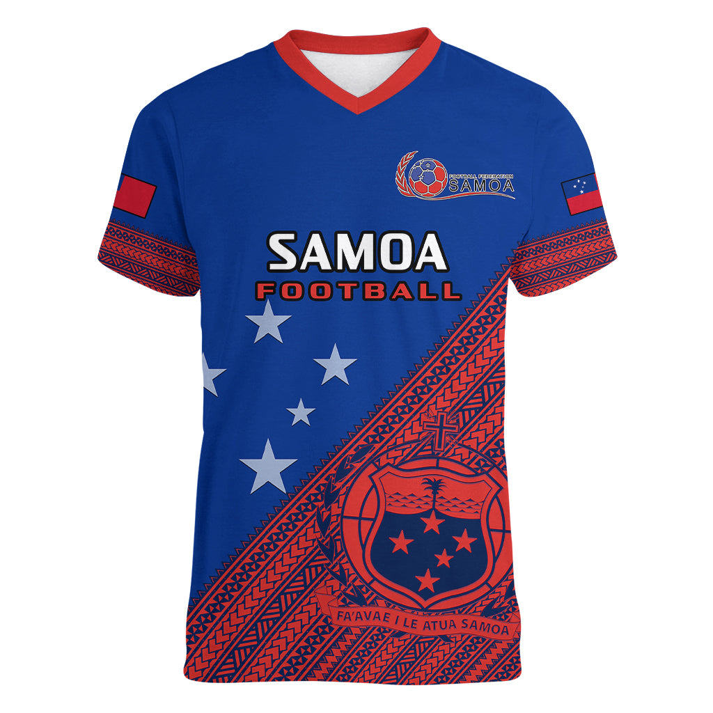 Samoa Football Women V Neck T Shirt Samoan Coat Of Arm Polynesian Sporty Style LT14 Female Blue - Polynesian Pride