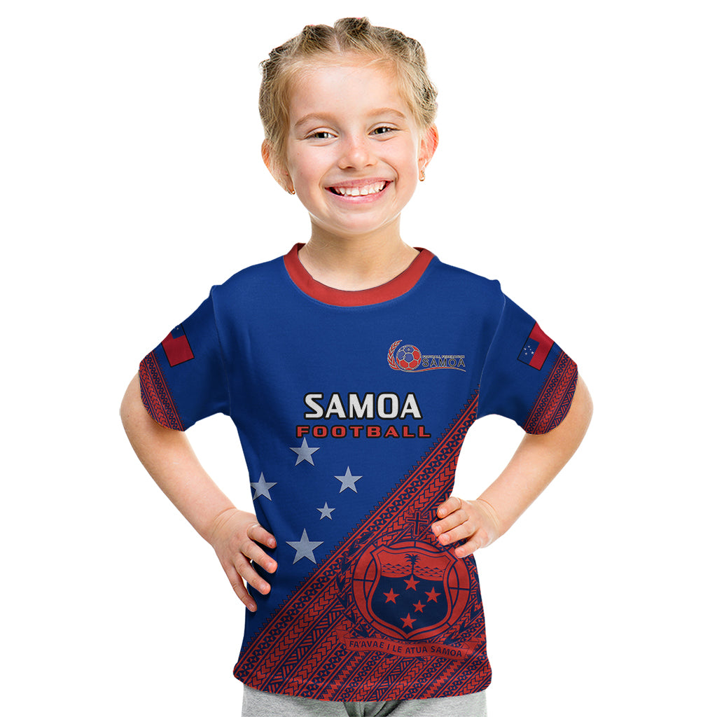 Personalised Samoa Football Kid T Shirt Samoan Coat Of Arm Polynesian Sporty Style LT14 Blue - Polynesian Pride