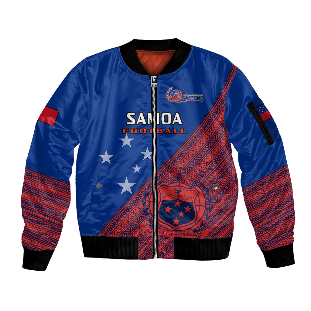 Personalised Samoa Football Sleeve Zip Bomber Jacket Samoan Coat Of Arm Polynesian Sporty Style LT14 Unisex Blue - Polynesian Pride