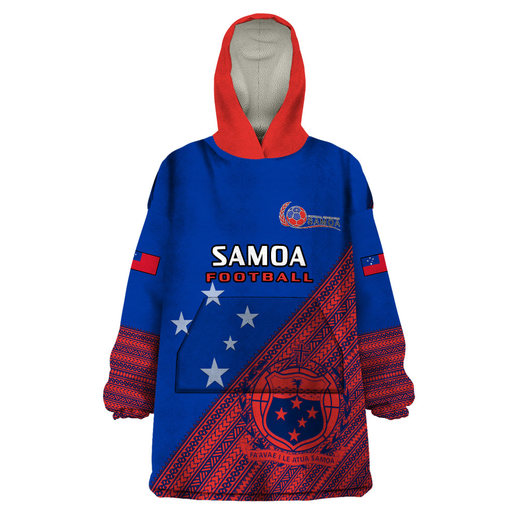 Personalised Samoa Football Wearable Blanket Hoodie Samoan Coat Of Arm Polynesian Sporty Style LT14 One Size Blue - Polynesian Pride