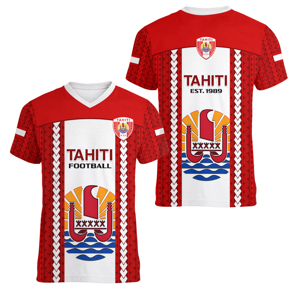 Tahitian Football Women V Neck T Shirt Tahiti Coat Of Arm Polynesian Sporty Style LT14 - Polynesian Pride
