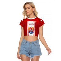 Personalised Tahitian Football Raglan Cropped T Shirt Tahiti Coat Of Arm Polynesian Sporty Style LT14 Female Red - Polynesian Pride
