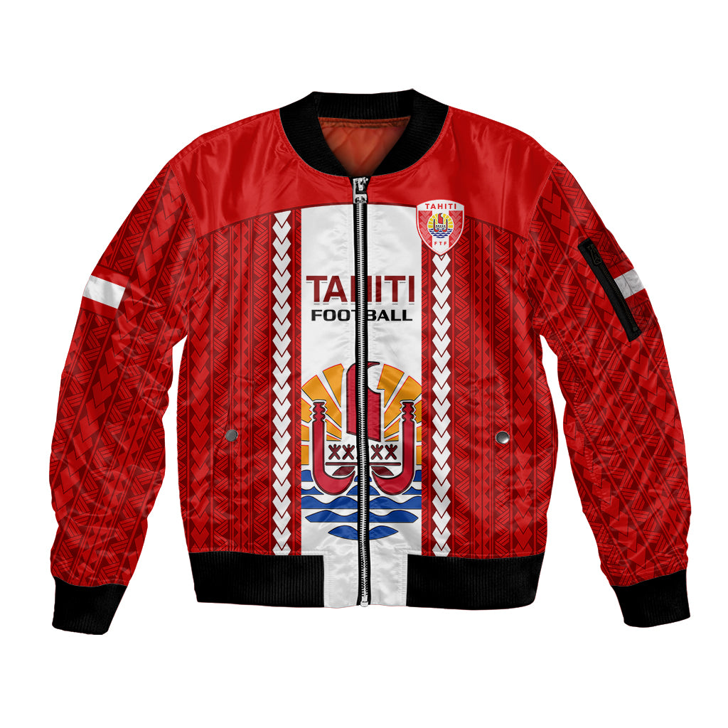 Personalised Tahitian Football Sleeve Zip Bomber Jacket Tahiti Coat Of Arm Polynesian Sporty Style LT14 Unisex Red - Polynesian Pride