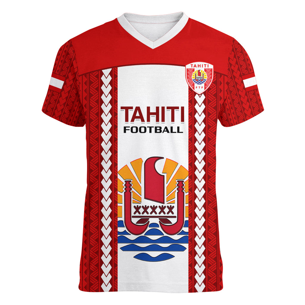 Personalised Tahitian Football Women V Neck T Shirt Tahiti Coat Of Arm Polynesian Sporty Style LT14 Female Red - Polynesian Pride