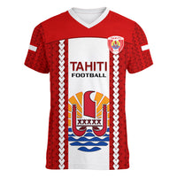 Personalised Tahitian Football Women V Neck T Shirt Tahiti Coat Of Arm Polynesian Sporty Style LT14 Female Red - Polynesian Pride