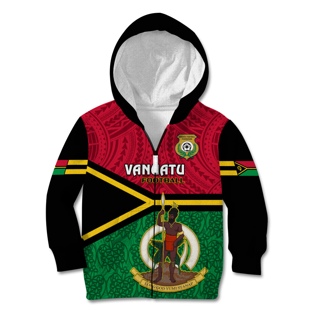 Personalised Vanuatu Football Kid Hoodie Vanuatuan Coat Of Arm Polynesian Flag Style LT14 Zip Hoodie Red - Polynesian Pride