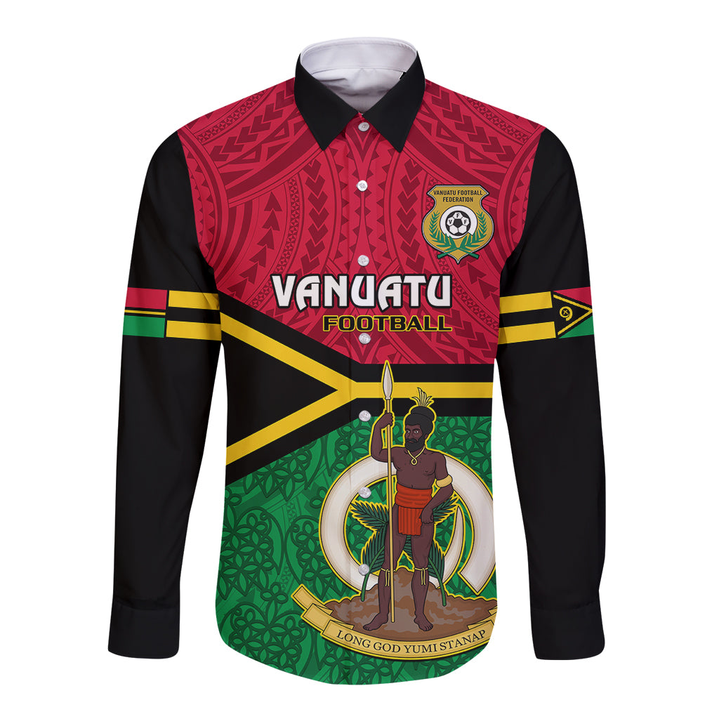 Personalised Vanuatu Football Long Sleeve Button Shirt Vanuatuan Coat Of Arm Polynesian Flag Style LT14 Unisex Red - Polynesian Pride