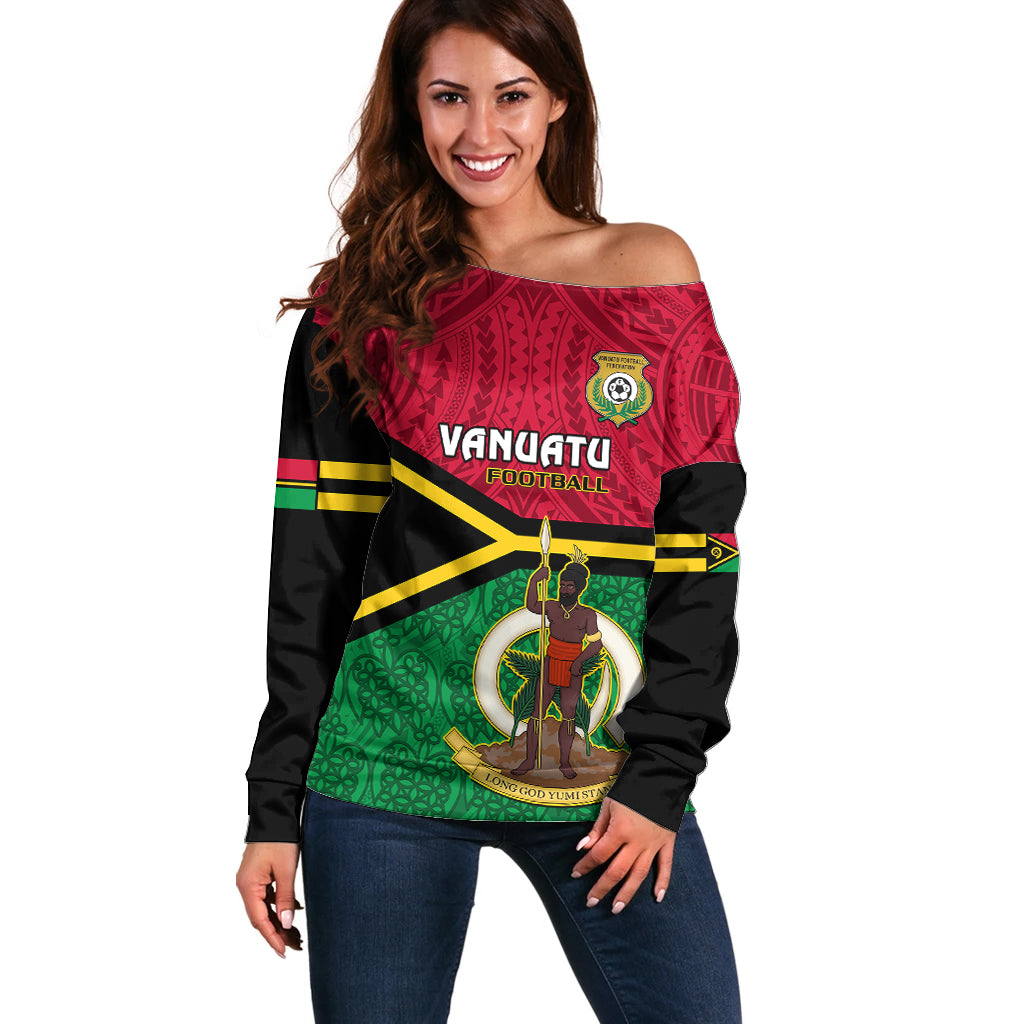 Personalised Vanuatu Football Off Shoulder Sweater Vanuatuan Coat Of Arm Polynesian Flag Style LT14 Women Red - Polynesian Pride