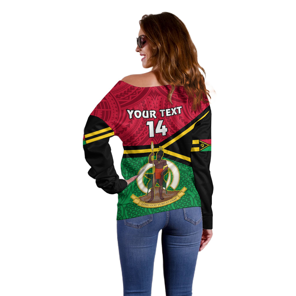 Personalised Vanuatu Football Off Shoulder Sweater Vanuatuan Coat Of Arm Polynesian Flag Style LT14 - Polynesian Pride