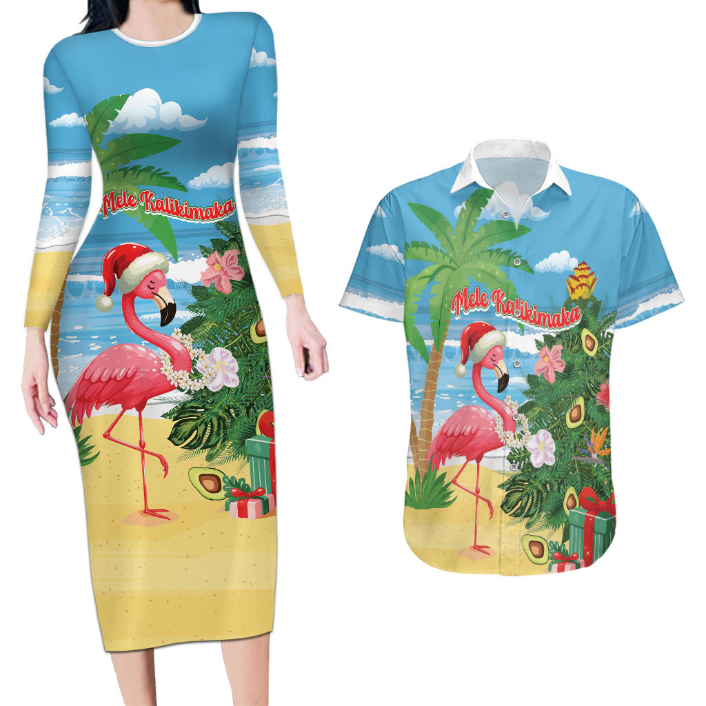 Flamingo Hawaii Summer Christmas Personalized Couples Matching Long Sleeve Bodycon Dress and Hawaiian Shirt Mele Kalikimaka Beachy Vibes