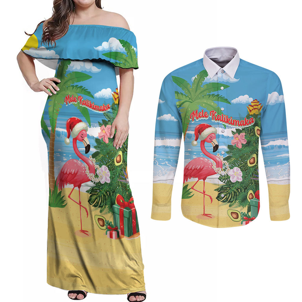 Flamingo Hawaii Summer Christmas Personalized Couples Matching Off Shoulder Maxi Dress and Long Sleeve Button Shirt Mele Kalikimaka Beachy Vibes LT14 Blue - Polynesian Pride