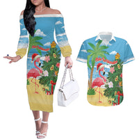 Flamingo Hawaii Summer Christmas Personalized Couples Matching Off The Shoulder Long Sleeve Dress and Hawaiian Shirt Mele Kalikimaka Beachy Vibes