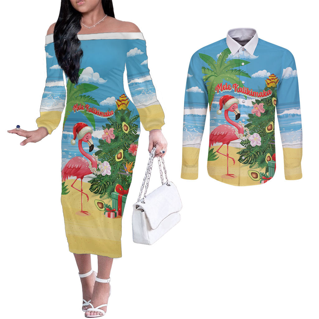 Flamingo Hawaii Summer Christmas Personalized Couples Matching Off The Shoulder Long Sleeve Dress and Long Sleeve Button Shirt Mele Kalikimaka Beachy Vibes LT14 Blue - Polynesian Pride