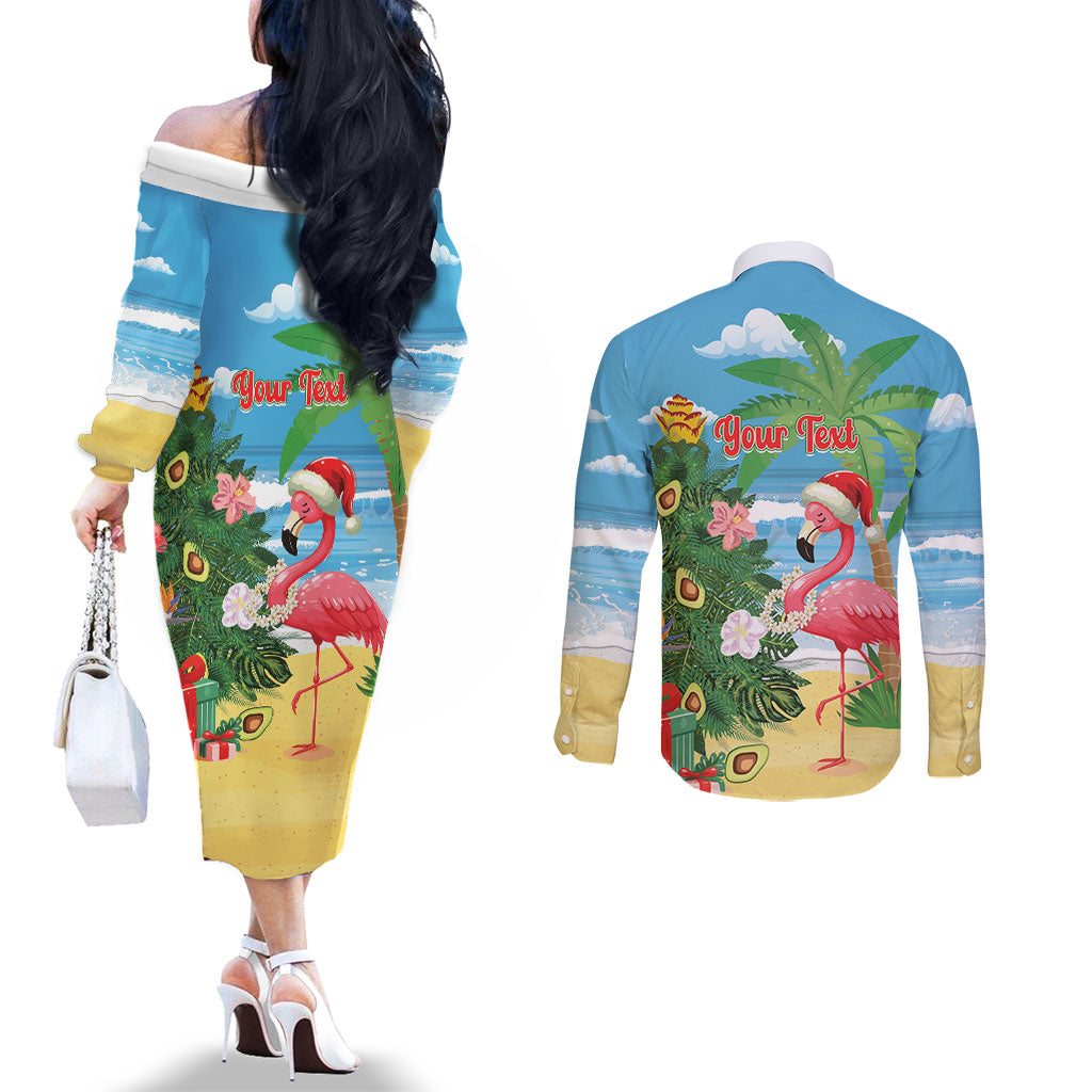 Flamingo Hawaii Summer Christmas Personalized Couples Matching Off The Shoulder Long Sleeve Dress and Long Sleeve Button Shirt Mele Kalikimaka Beachy Vibes